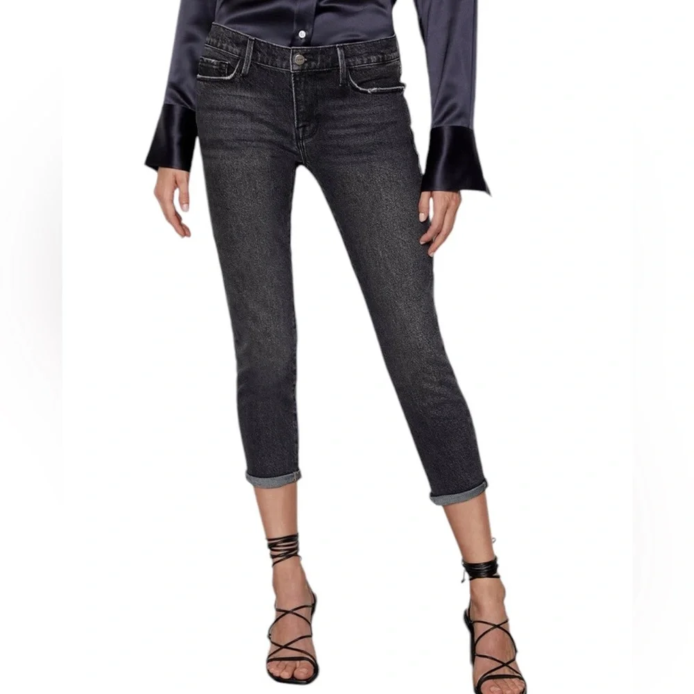 FRAME Le Garçon Cropped Jeans Sz 8 Black Distressed - Picture 1 of 10